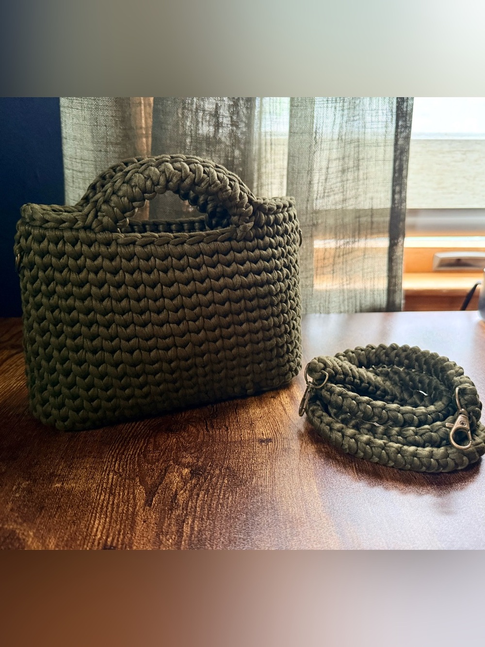 Handwoven Mini Tote Bag in Olive Green with Detachable Strap